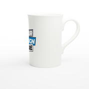 Slim white porcelain mug 10oz with custom design, ideal for coffee or hot chocolate, microwave and dishwasher safe.