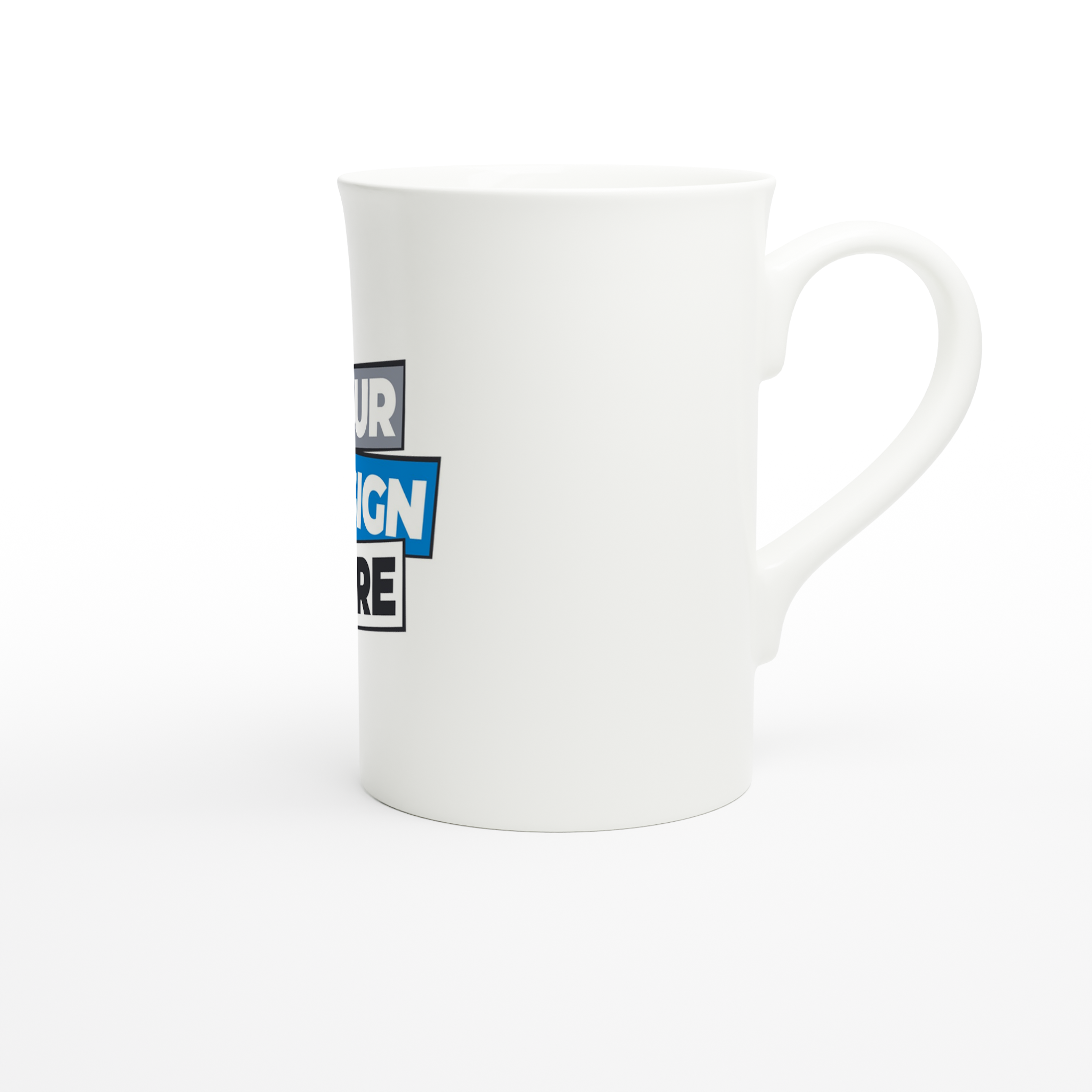 Slim white porcelain mug 10oz with custom design, ideal for coffee or hot chocolate, microwave and dishwasher safe.