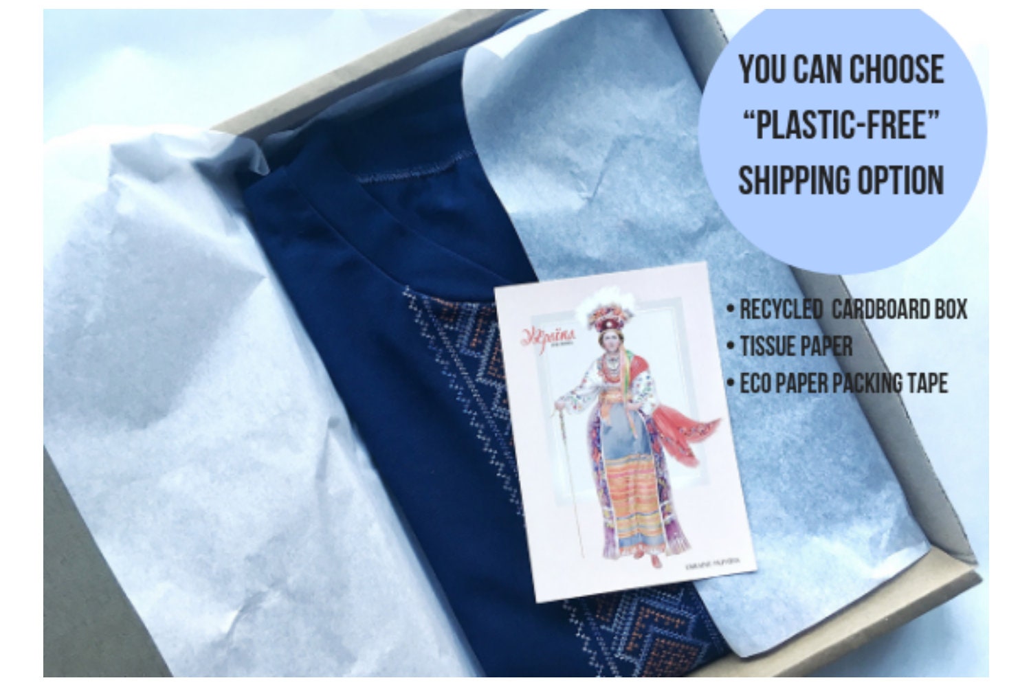 Eco-friendly shipping box with blue embroidered blouse and card inside, featuring plastic-free option with recycled materials.