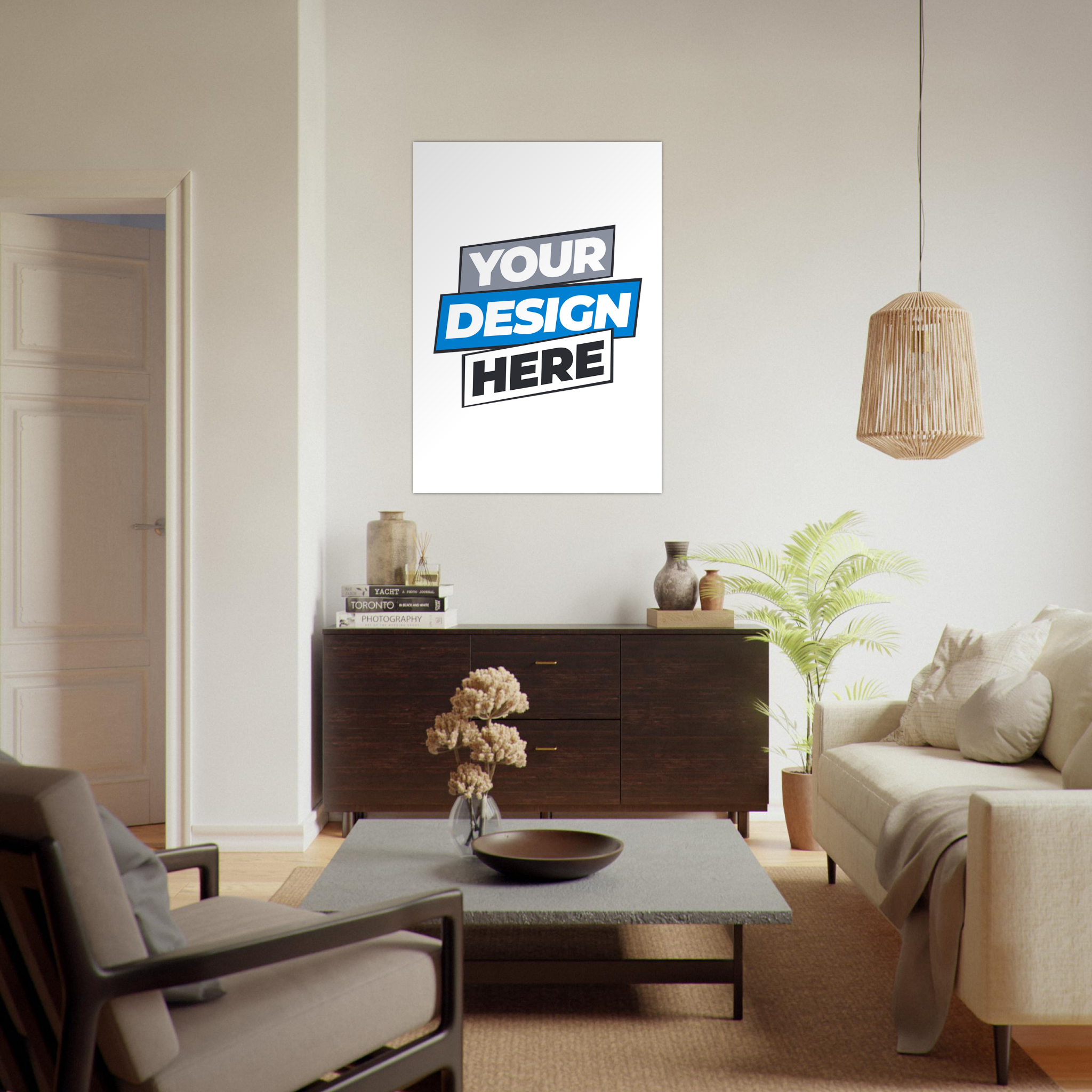 Stylish living room with "Your Design Here" fine art poster on wall, showcasing vibrant colors and matte finish, ideal for art enthusiasts.