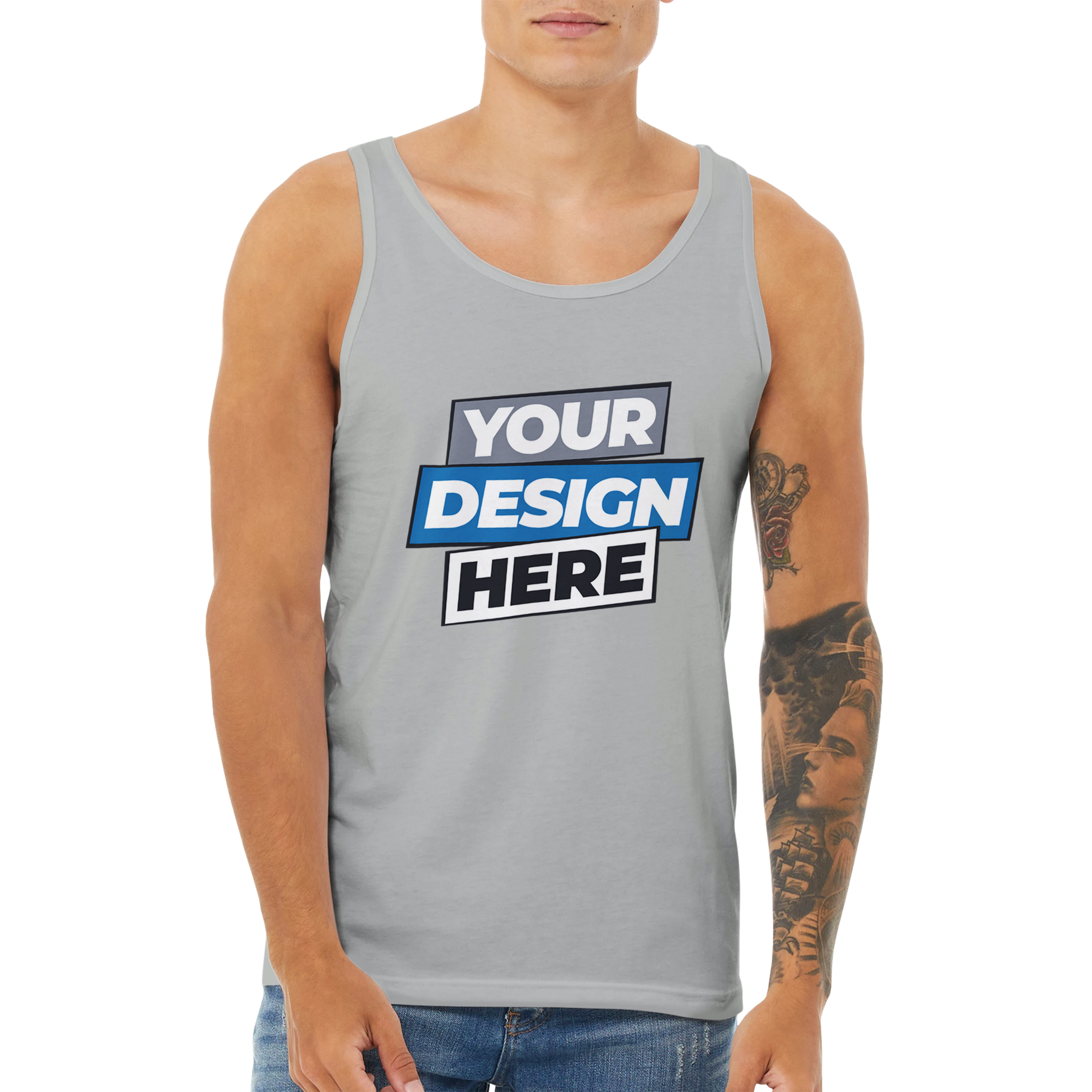 Unisex cotton tank top with 'Your Design Here' print, ideal for layering and personal expression.