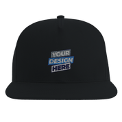 Flat bill cap with customizable design, high-profile five-panel structure, black cotton twill, and adjustable snapback closure.