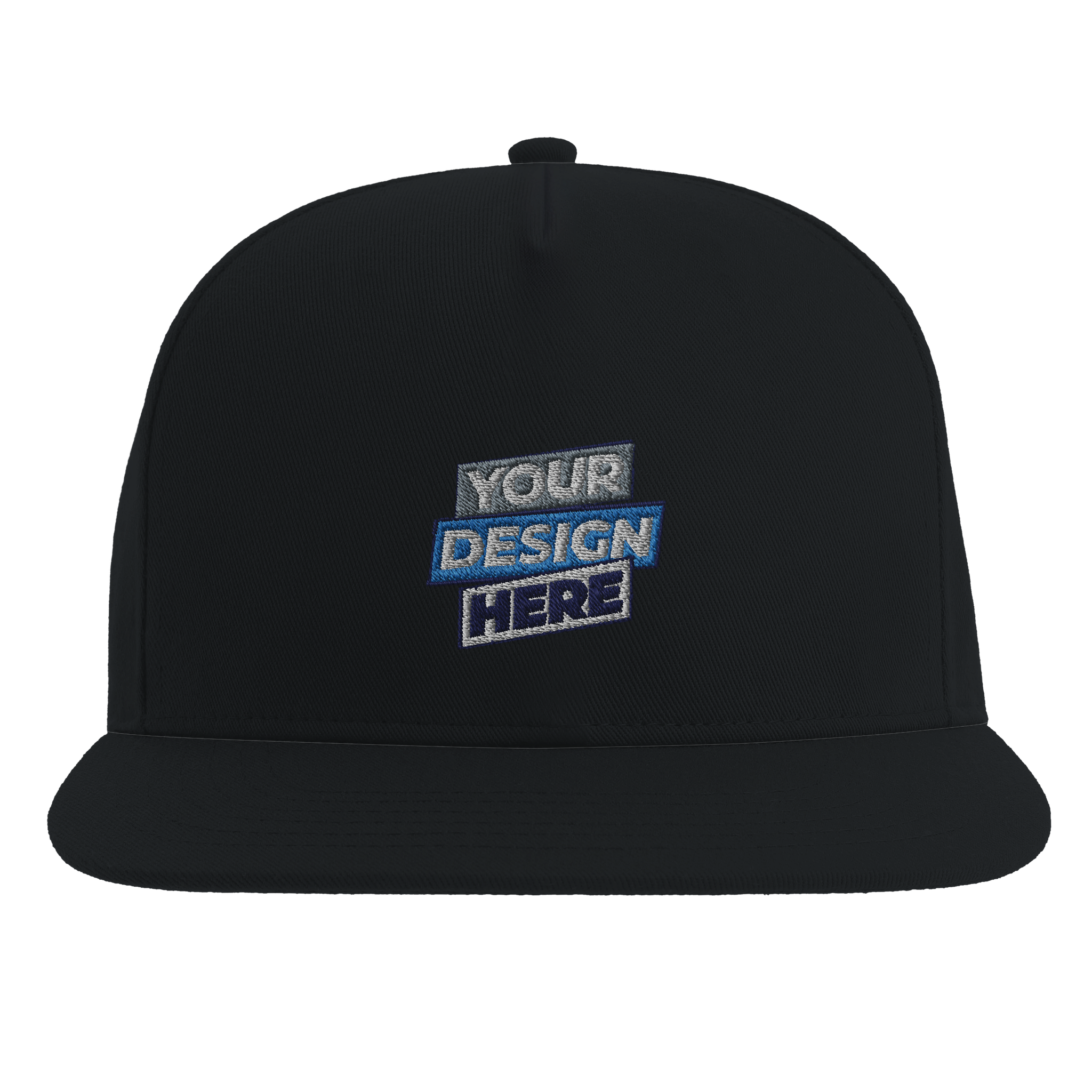 Flat bill cap with customizable design, high-profile five-panel structure, black cotton twill, and adjustable snapback closure.