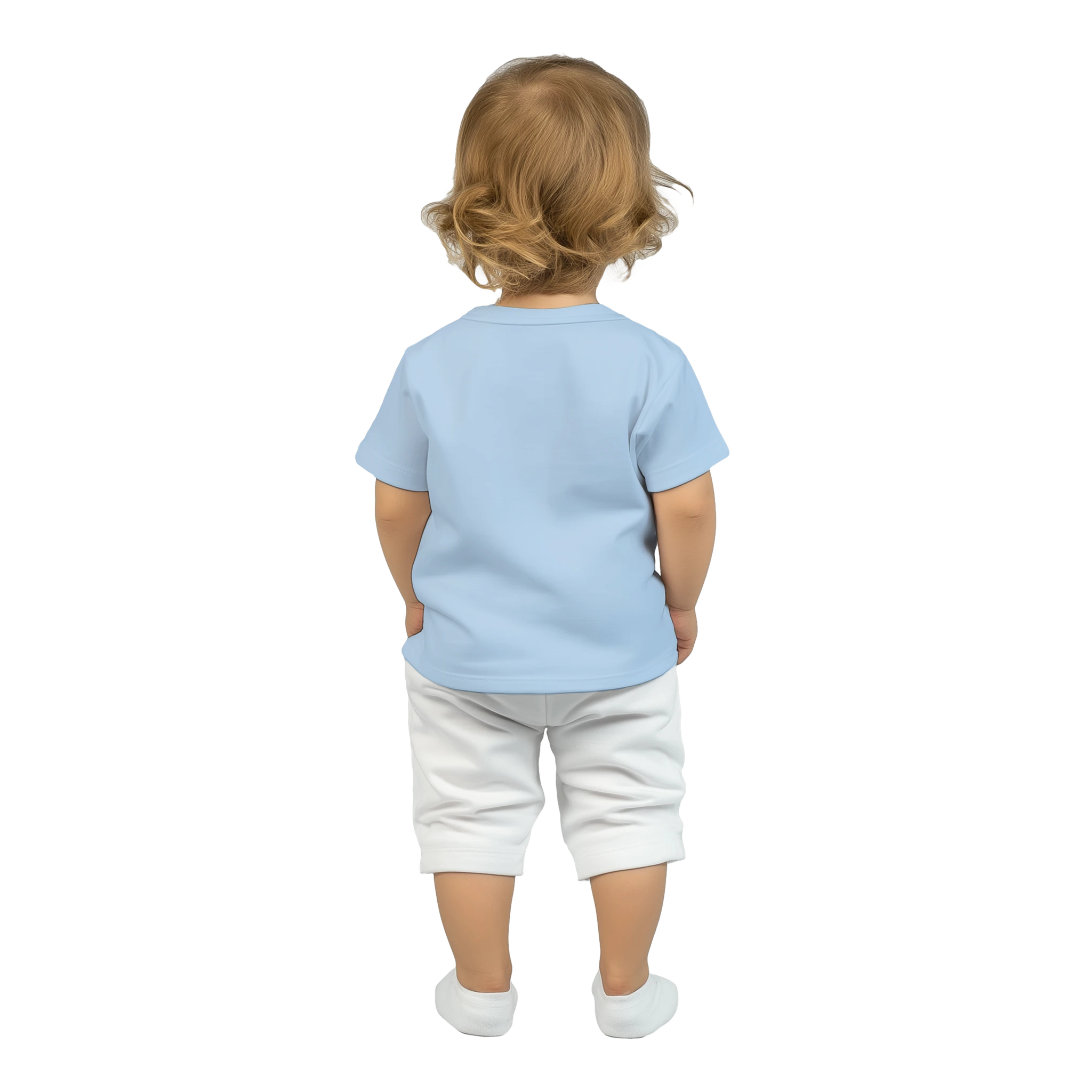Back view of toddler wearing light blue cotton baby tee and white pants, showcasing breathable and comfortable outfit for children.