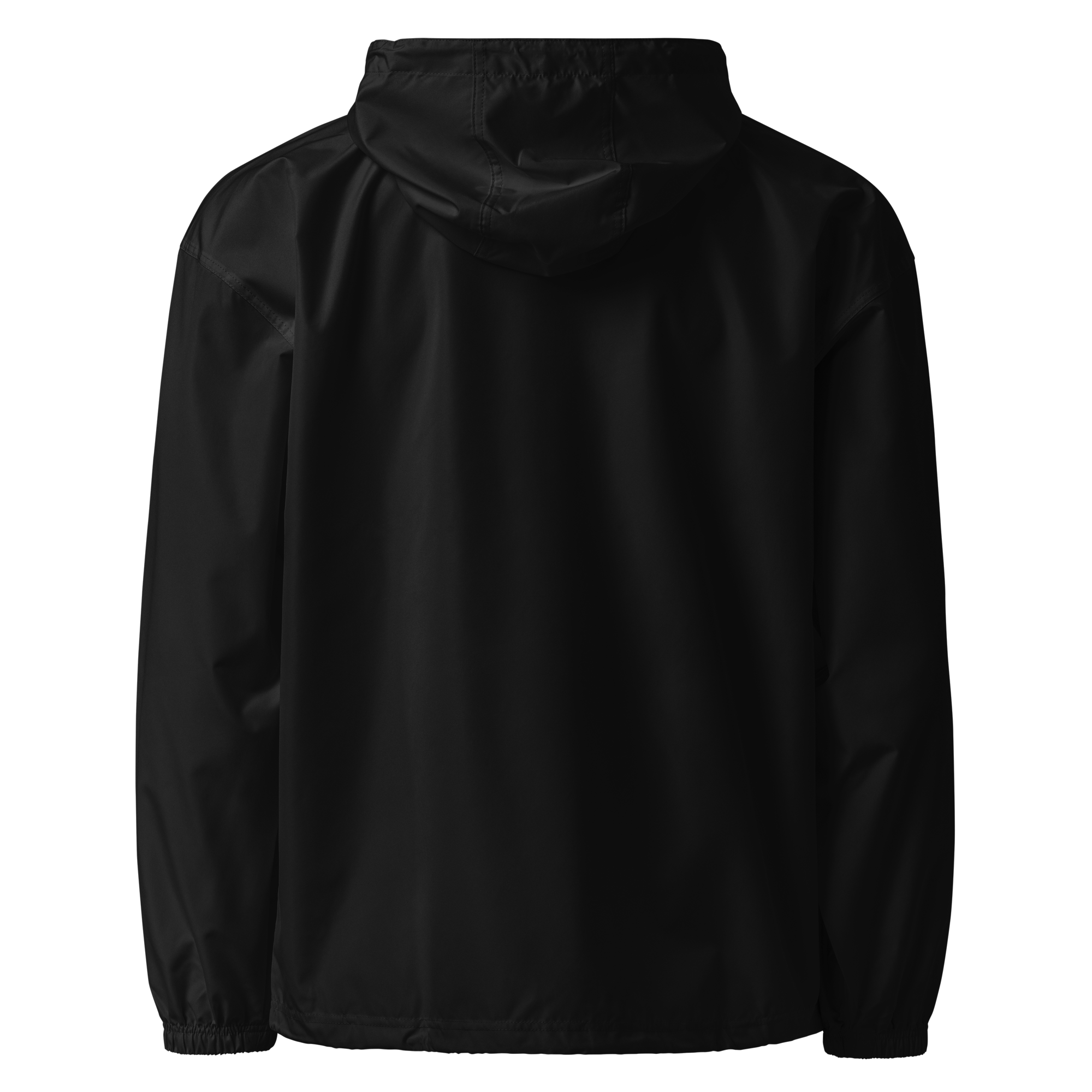 Back view of black Champion packable jacket with hood from Ukrainian Vibe Trizub Collection for women, wind- and rain-resistant.