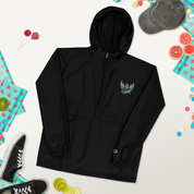 Black embroidered Champion packable jacket from Ukrainian Vibe Trizub Collection with hood and kangaroo pocket, stylishly compact.