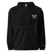 Women's Champion packable jacket from Ukrainian Vibe Trizub Collection, black with embroidered Trident emblem, wind-resistant.