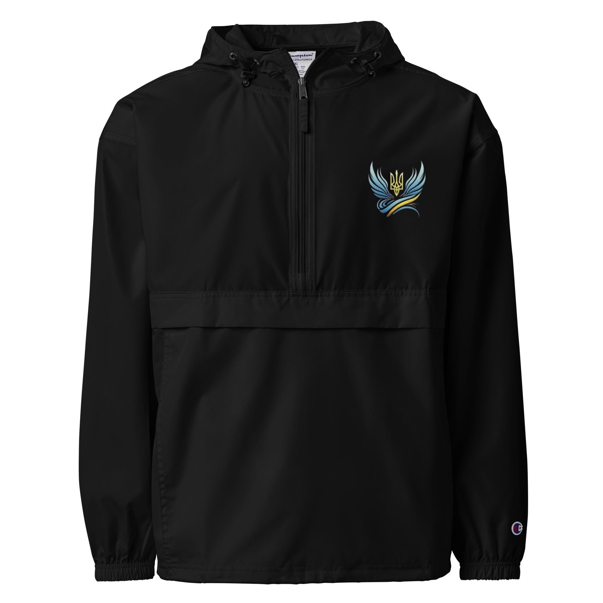 Women's Champion packable jacket from Ukrainian Vibe Trizub Collection, black with embroidered Trident emblem, wind-resistant.
