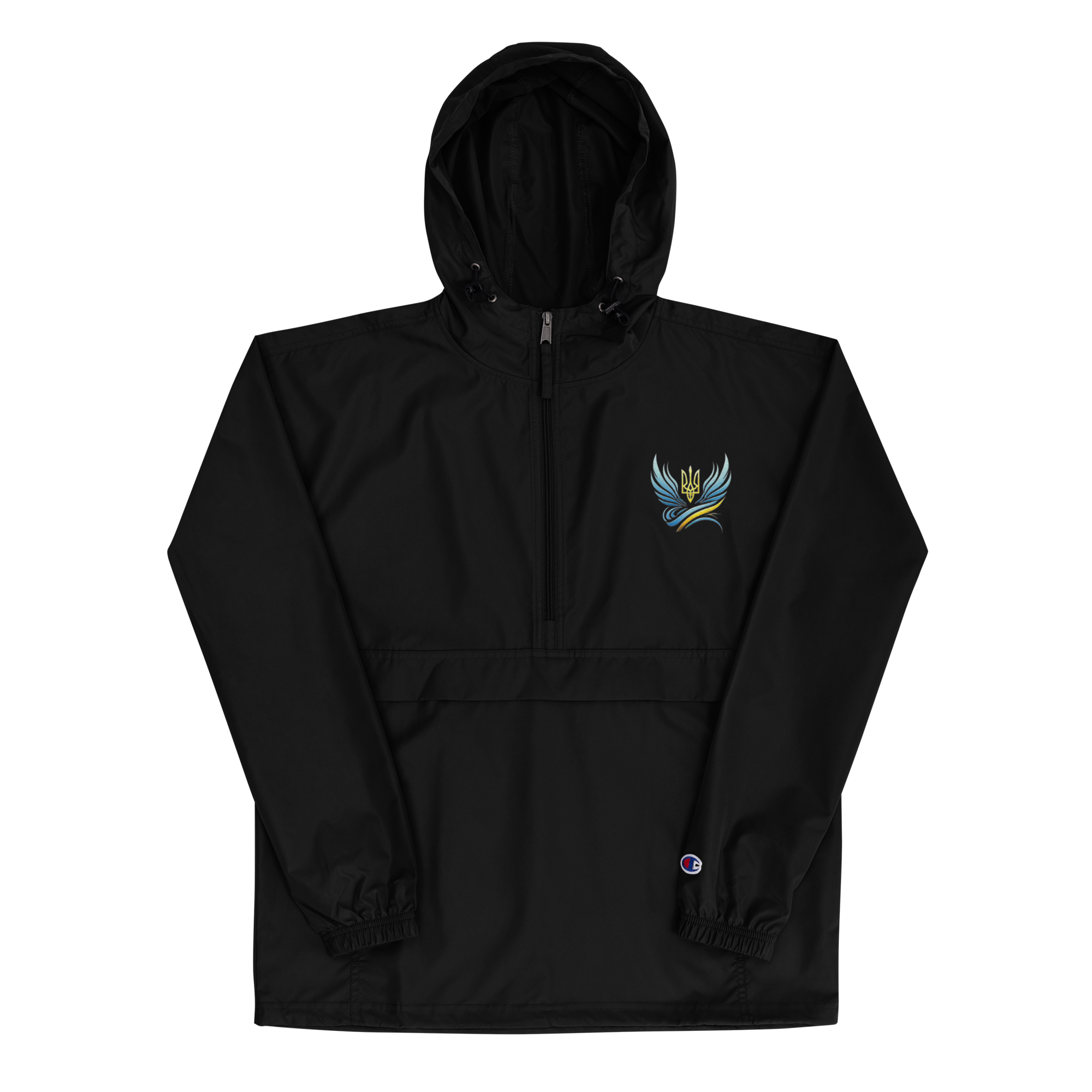 Ukrainian Vibe Trizub Embroidered Women's Champion Jacket with Hood and Kangaroo Pocket in Black.