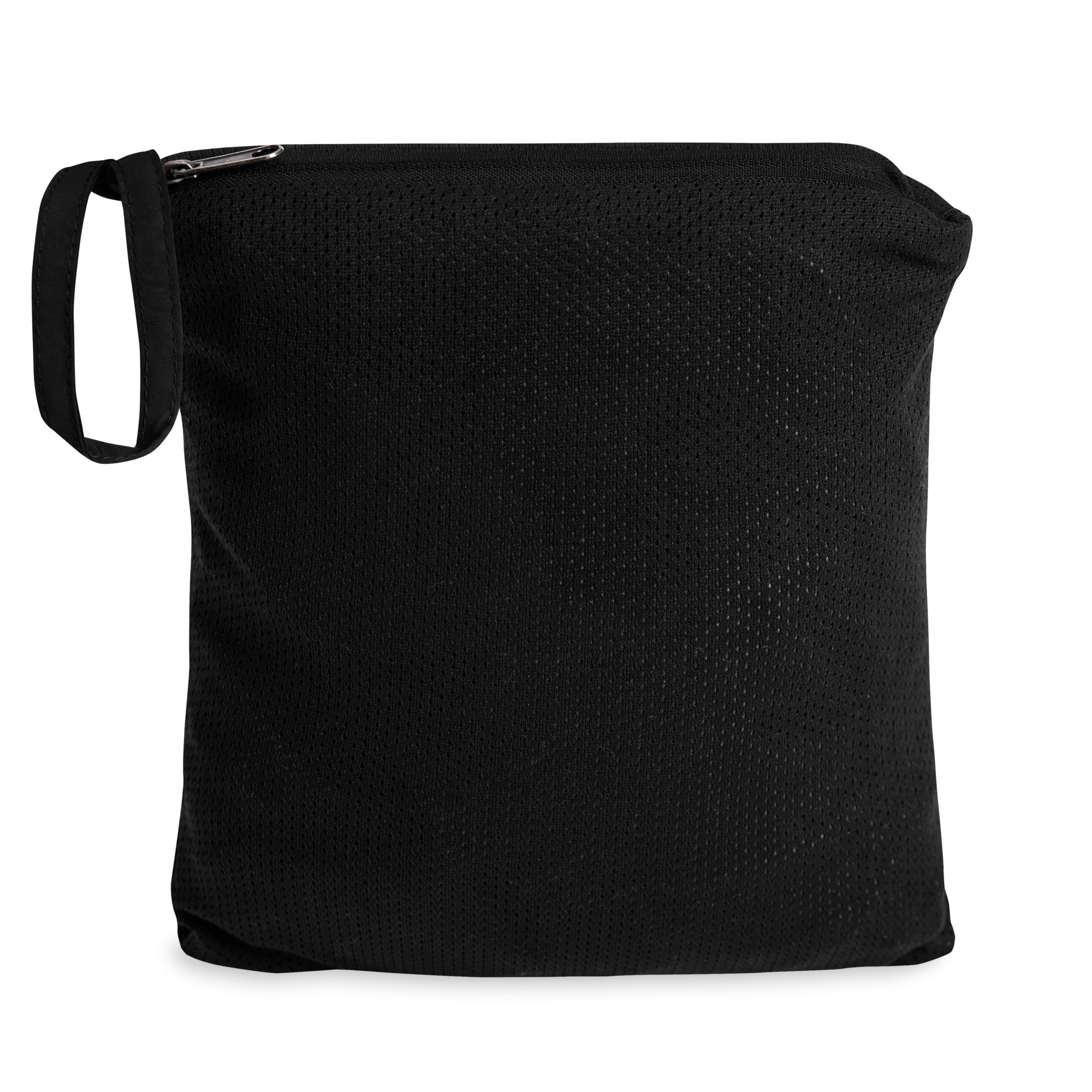 Compact Champion packable jacket from Ukrainian Vibe Trizub Collection folded in black zipped pouch, ideal for travel and weather protection.