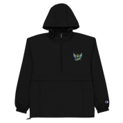 Black Champion packable jacket from Ukrainian Vibe Trizub Collection for women, featuring embroidered design and practical pockets.