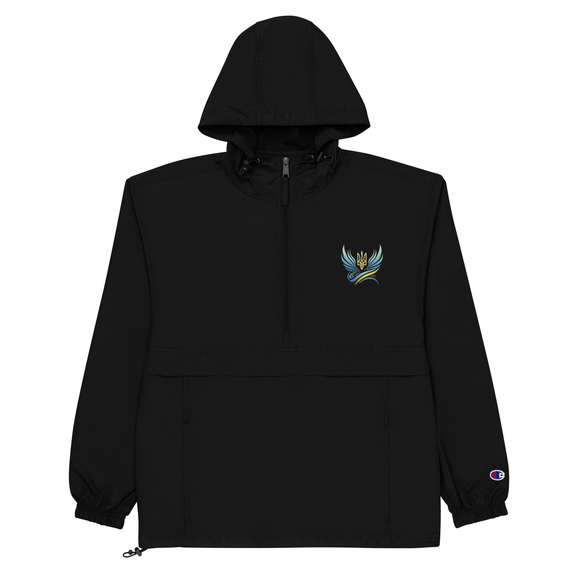 Black Champion packable jacket from Ukrainian Vibe Trizub Collection for women, featuring embroidered design and practical pockets.