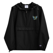 Black embroidered Champion packable jacket from Ukrainian Vibe Trizub Collection, with hood and kangaroo pocket for women.