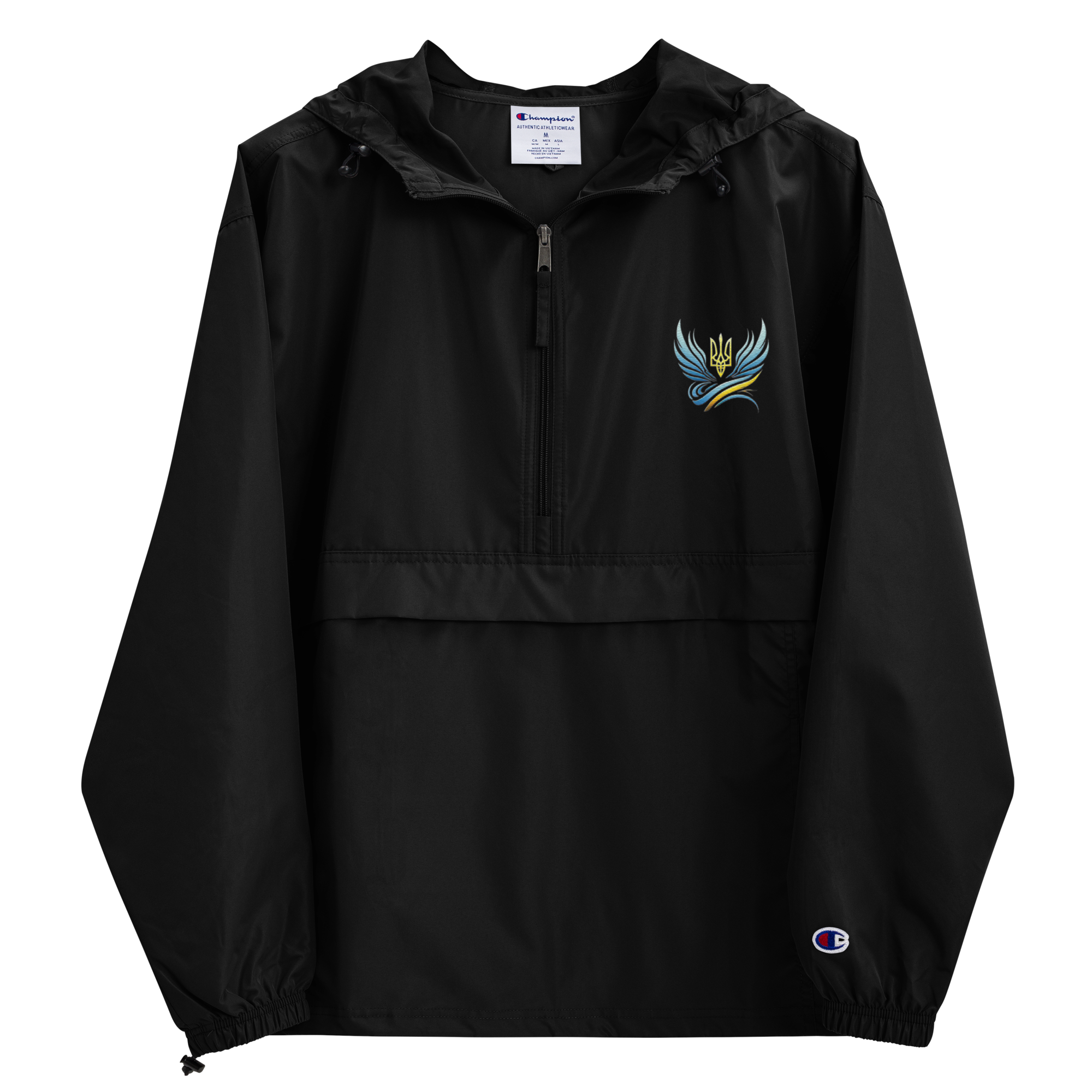 Black embroidered Champion packable jacket from Ukrainian Vibe Trizub Collection, with hood and kangaroo pocket for women.