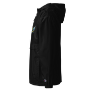 Side view of Ukrainian Vibe Trizub Collection embroidered Champion packable jacket for women, black with hood and logo.