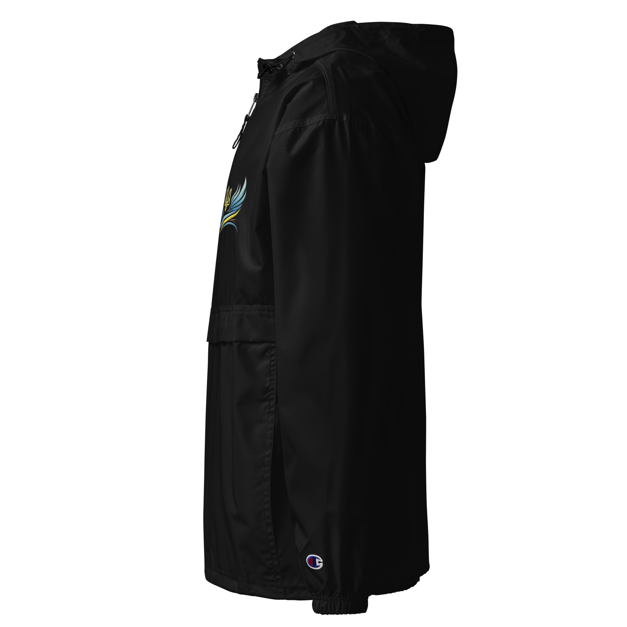 Side view of Ukrainian Vibe Trizub Collection embroidered Champion packable jacket for women, black with hood and logo.