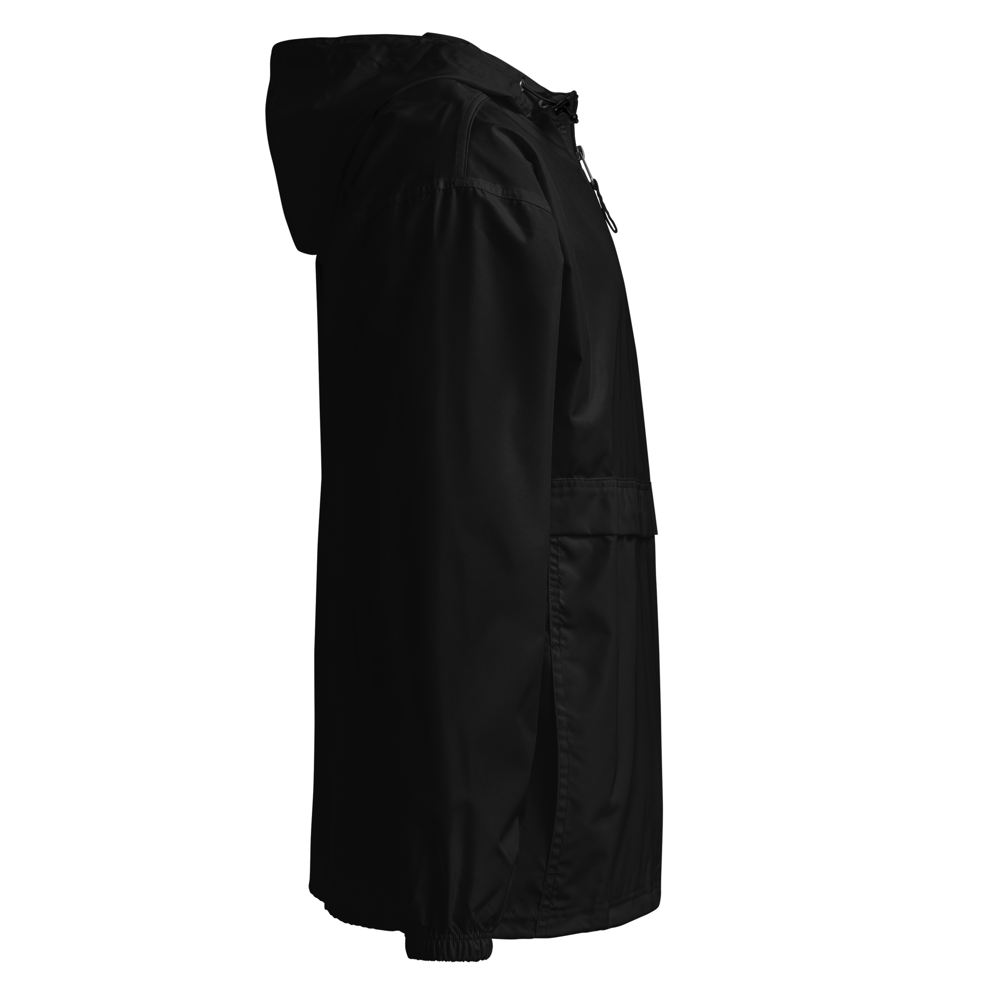 Side view of black Ukrainian Vibe Trizub Champion women's packable jacket with hood and pockets, made from wind-resistant polyester.