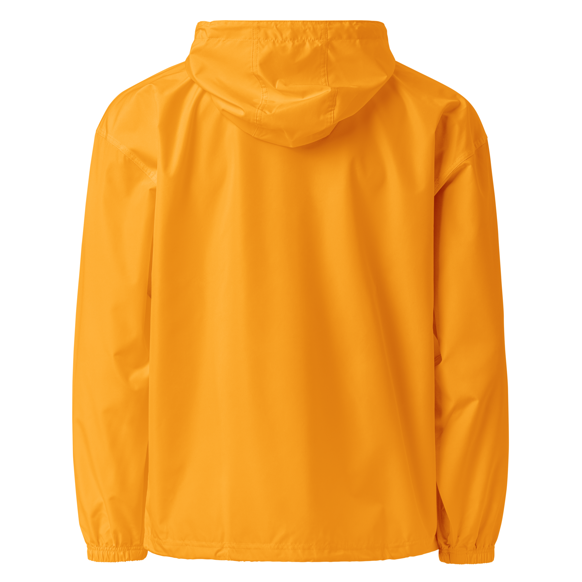 Back view of yellow Champion packable jacket with hood and compact storage from the Ukrainian Vibe Trizub Collection for women.