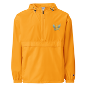Ukrainian Vibe Trizub Collection women's embroidered orange Champion packable jacket with hood and kangaroo pocket.