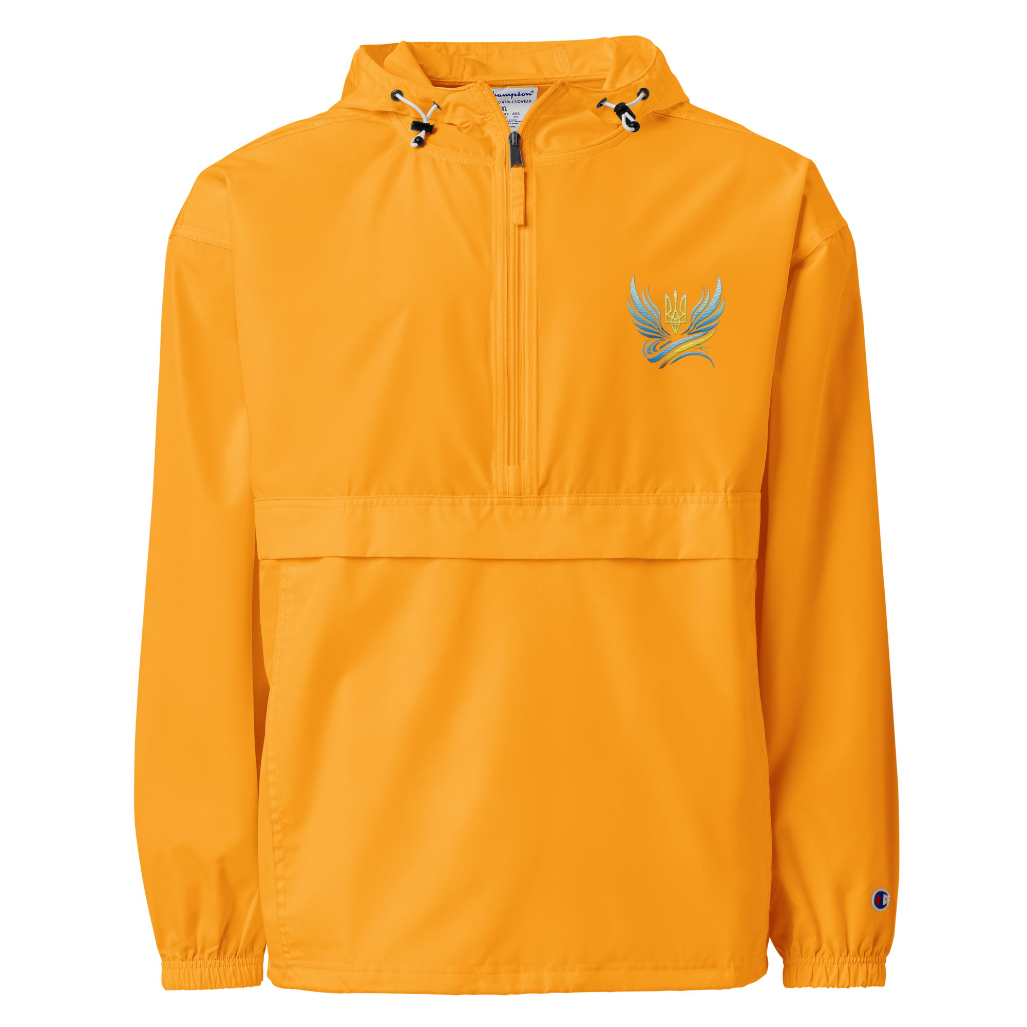 Ukrainian Vibe Trizub Collection women's embroidered orange Champion packable jacket with hood and kangaroo pocket.