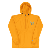 Orange embroidered Champion packable jacket from Ukrainian Vibe Trizub Collection with hood and pocket, for women.