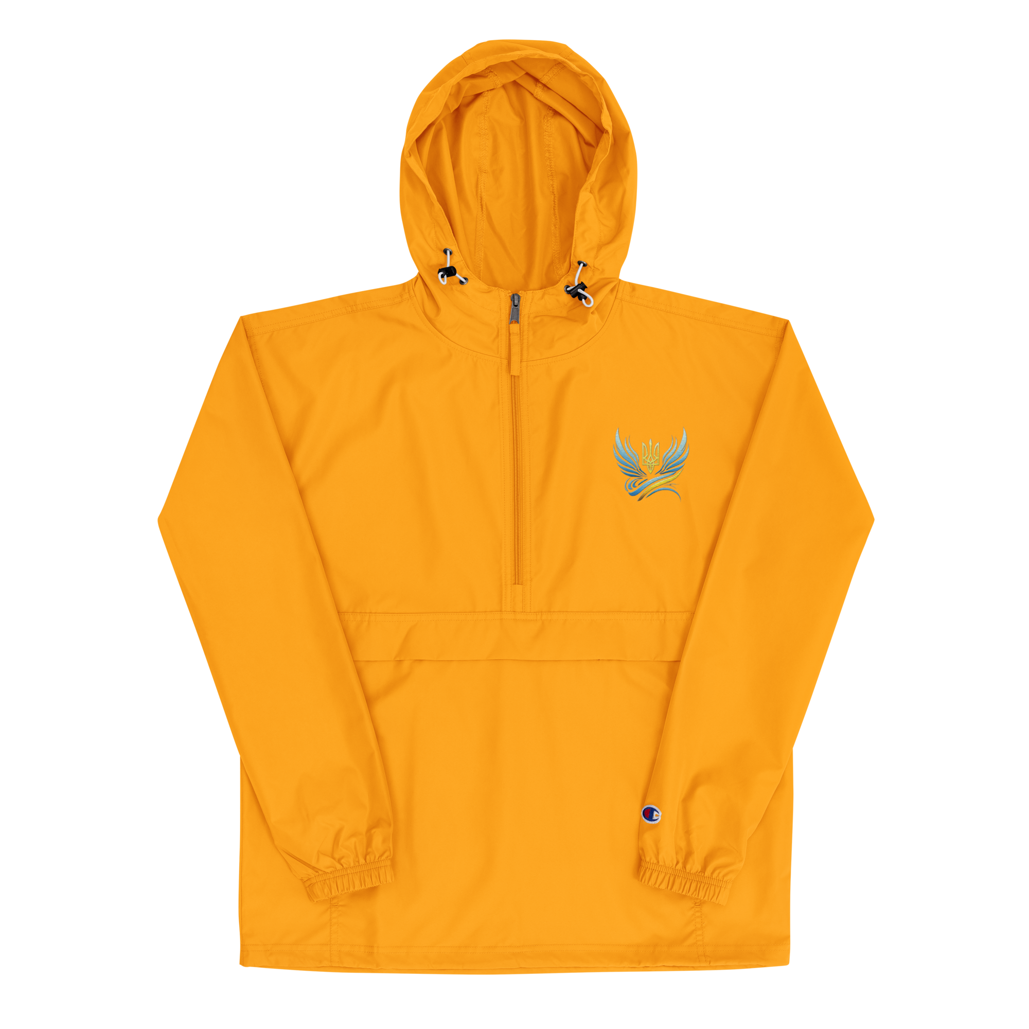 Orange embroidered Champion packable jacket from Ukrainian Vibe Trizub Collection with hood and pocket, for women.