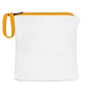 Packable white Champion jacket in pouch with yellow zipper and strap from Ukrainian Vibe Trizub Collection.