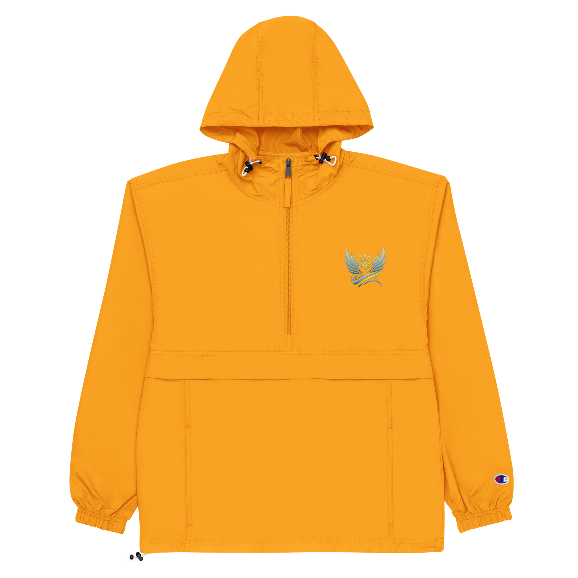 Yellow embroidered Champion packable jacket for women from the Ukrainian Vibe Trizub Collection with hood and kangaroo pocket.