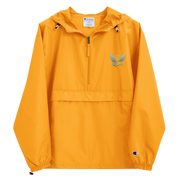 Women's orange Trizub Collection Champion packable jacket with embroidered design, hood, and kangaroo pocket.