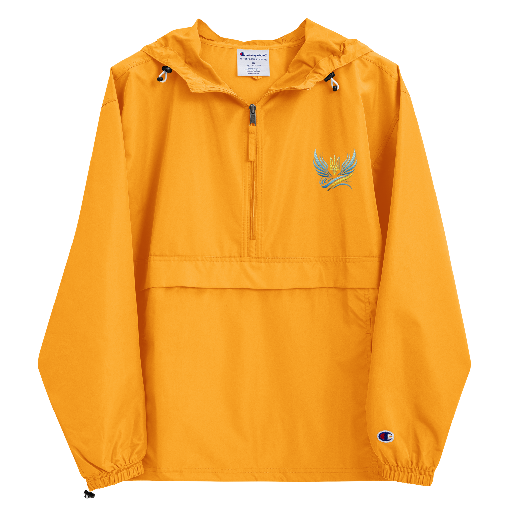 Women's orange Trizub Collection Champion packable jacket with embroidered design, hood, and kangaroo pocket.