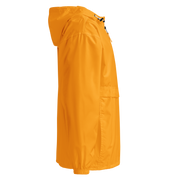 Side view of an orange embroidered Champion packable jacket from the Ukrainian Vibe Trizub Collection for women with hood and pockets.