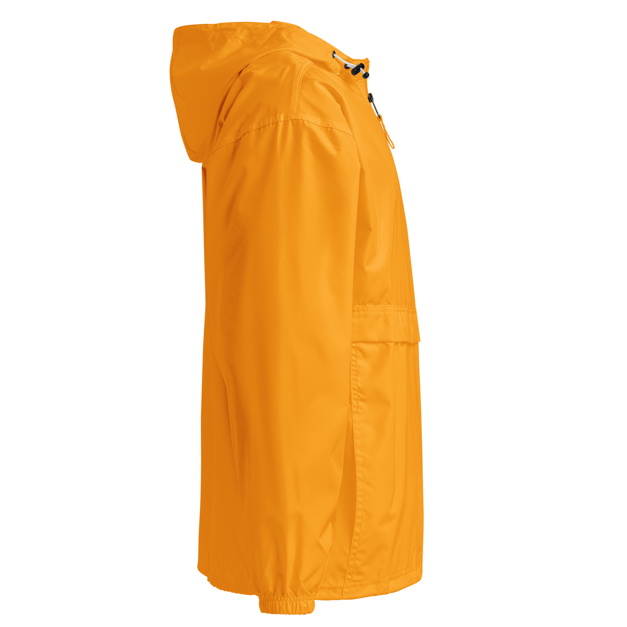 Side view of an orange embroidered Champion packable jacket from the Ukrainian Vibe Trizub Collection for women with hood and pockets.