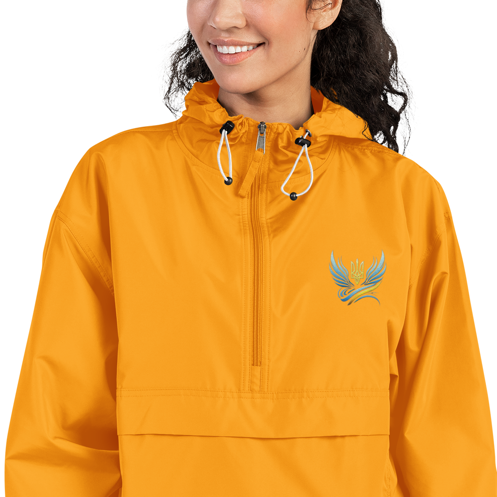 Ukrainian Vibe Trizub Collection Embroidered Women's Champion Packable Jacket in orange with hood and pocket detail
