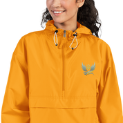 Ukrainian Vibe Trizub Collection Embroidered Women's Champion Packable Jacket in orange with hood and pocket detail