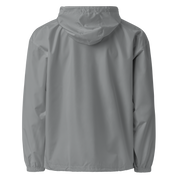 Back view of the Ukrainian Vibe Trizub Collection embroidered Champion packable jacket in gray.