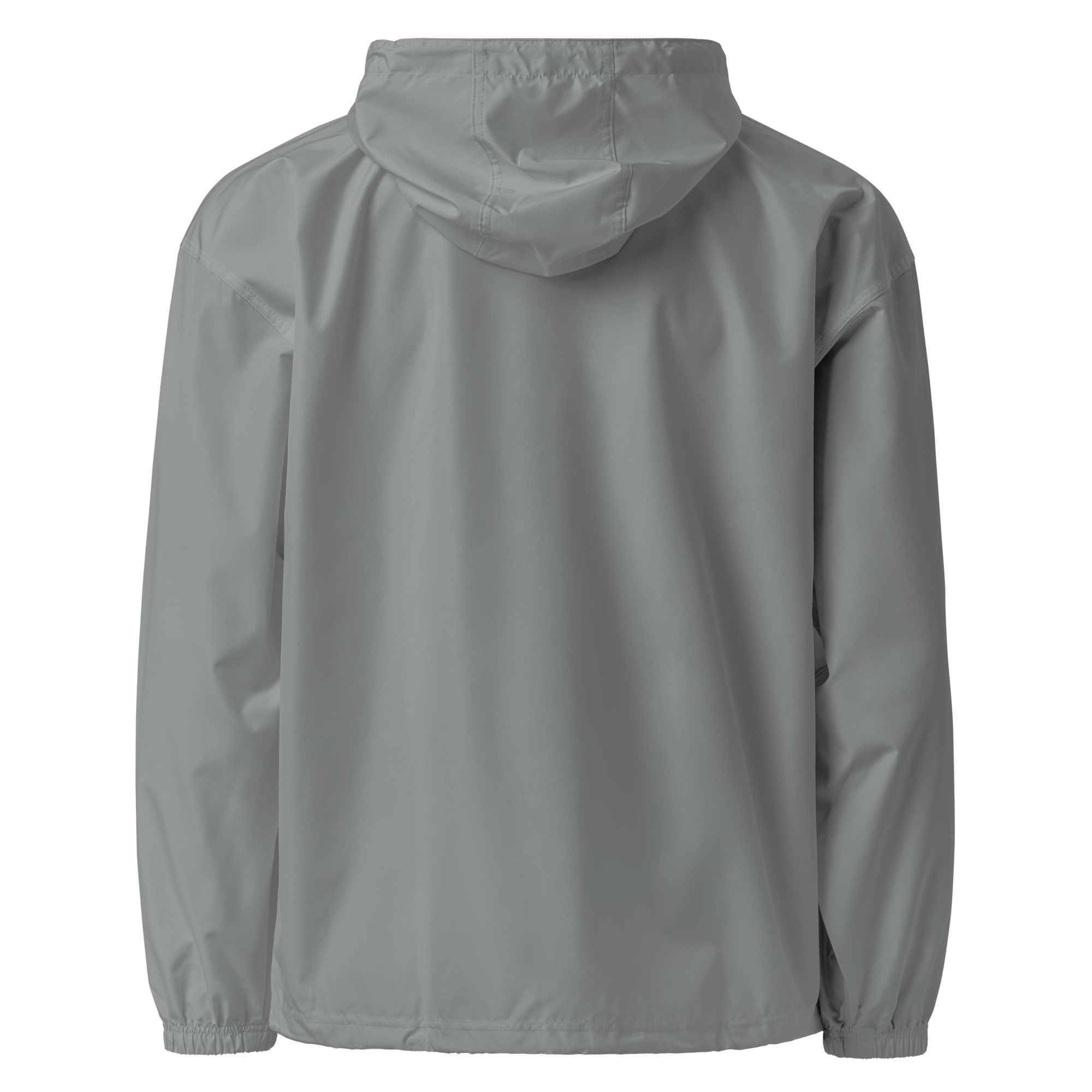Back view of the Ukrainian Vibe Trizub Collection embroidered Champion packable jacket in gray.
