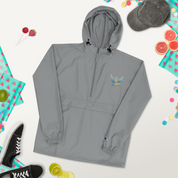 Champion packable jacket from Ukrainian Vibe Trizub Collection with embroidery, shown with hood and kangaroo pocket.