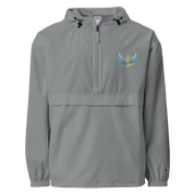 Grey embroidered Champion packable jacket from the Ukrainian Vibe Trizub Collection, featuring hood and kangaroo pocket for women.