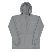 Women's Ukrainian Vibe Trizub Collection embroidered Champion packable jacket with hood, kangaroo pocket, and zipped pouch.
