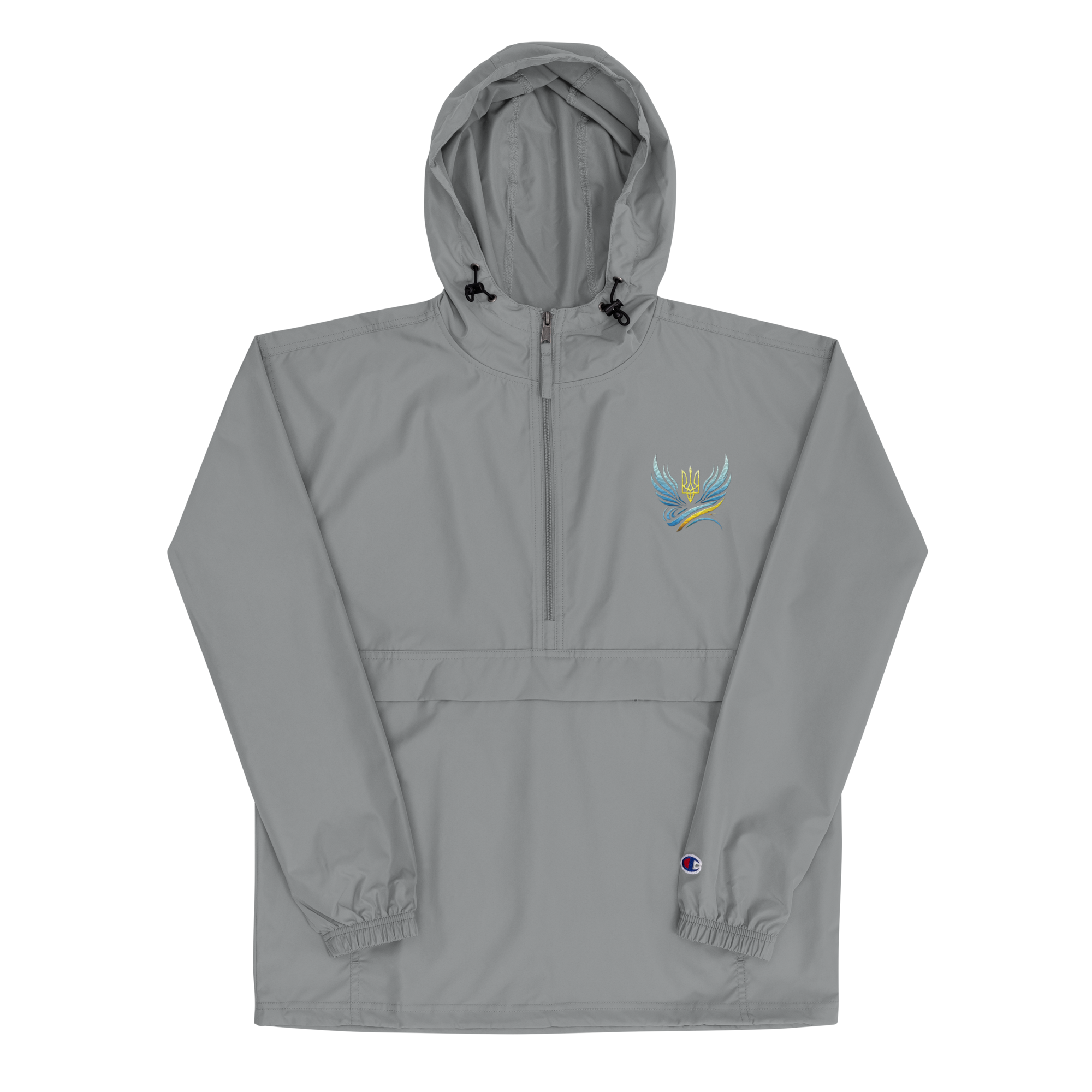 Women's Ukrainian Vibe Trizub Collection embroidered Champion packable jacket with hood, kangaroo pocket, and zipped pouch.