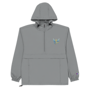 Gray Champion packable jacket from Ukrainian Vibe Trizub Collection with embroidered emblem, hood, and pocket.