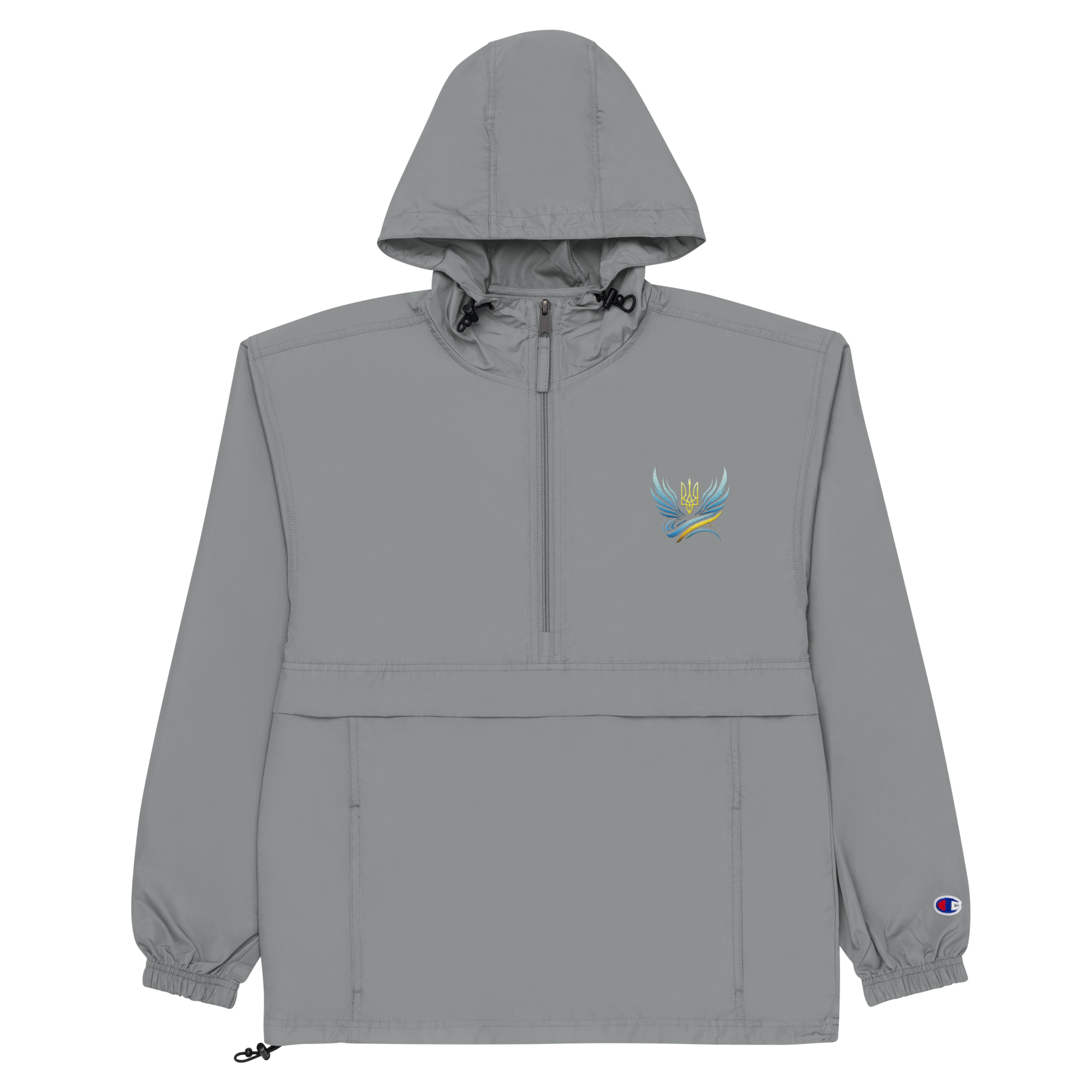 Gray Champion packable jacket from Ukrainian Vibe Trizub Collection with embroidered emblem, hood, and pocket.