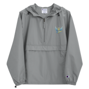 Ukrainian Vibe Trizub Collection women's embroidered Champion packable jacket in gray with hood and embroidered design.