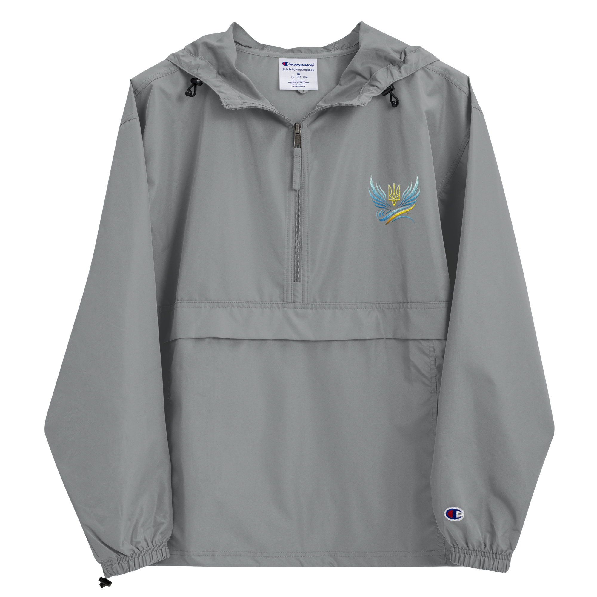 Ukrainian Vibe Trizub Collection women's embroidered Champion packable jacket in gray with hood and embroidered design.