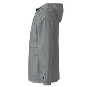 Side view of a gray Champion packable jacket with embroidery from the Ukrainian Vibe Trizub Collection for women.