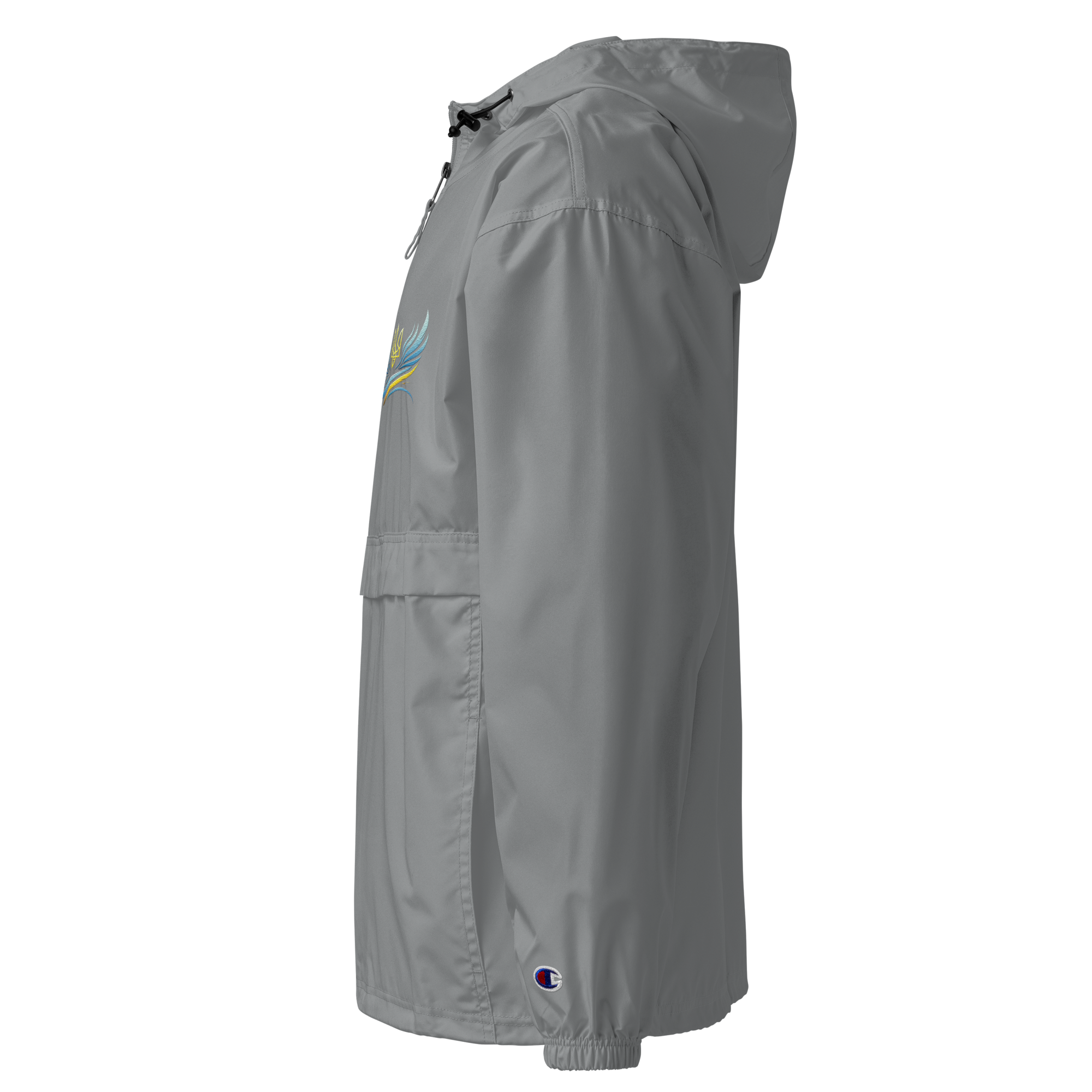 Side view of a gray Champion packable jacket with embroidery from the Ukrainian Vibe Trizub Collection for women.