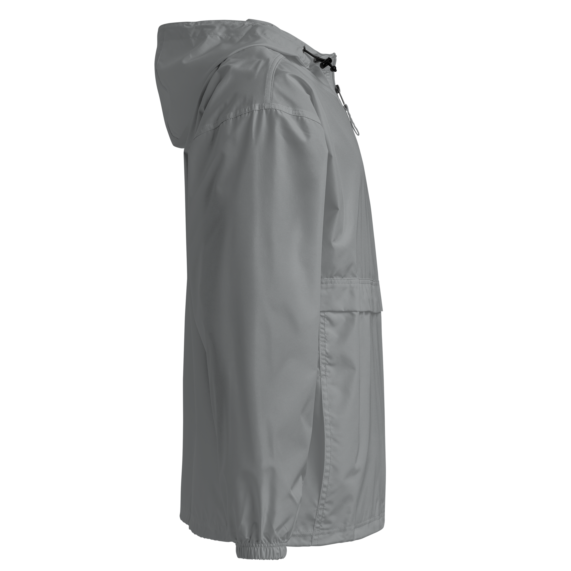 Side view of Champion packable jacket from Ukrainian Vibe Trizub Collection for women, featuring hood and pocket in gray.