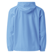 Back view of Champion packable jacket in light blue from Ukrainian Vibe Trizub Collection, featuring hood and durable polyester fabric.