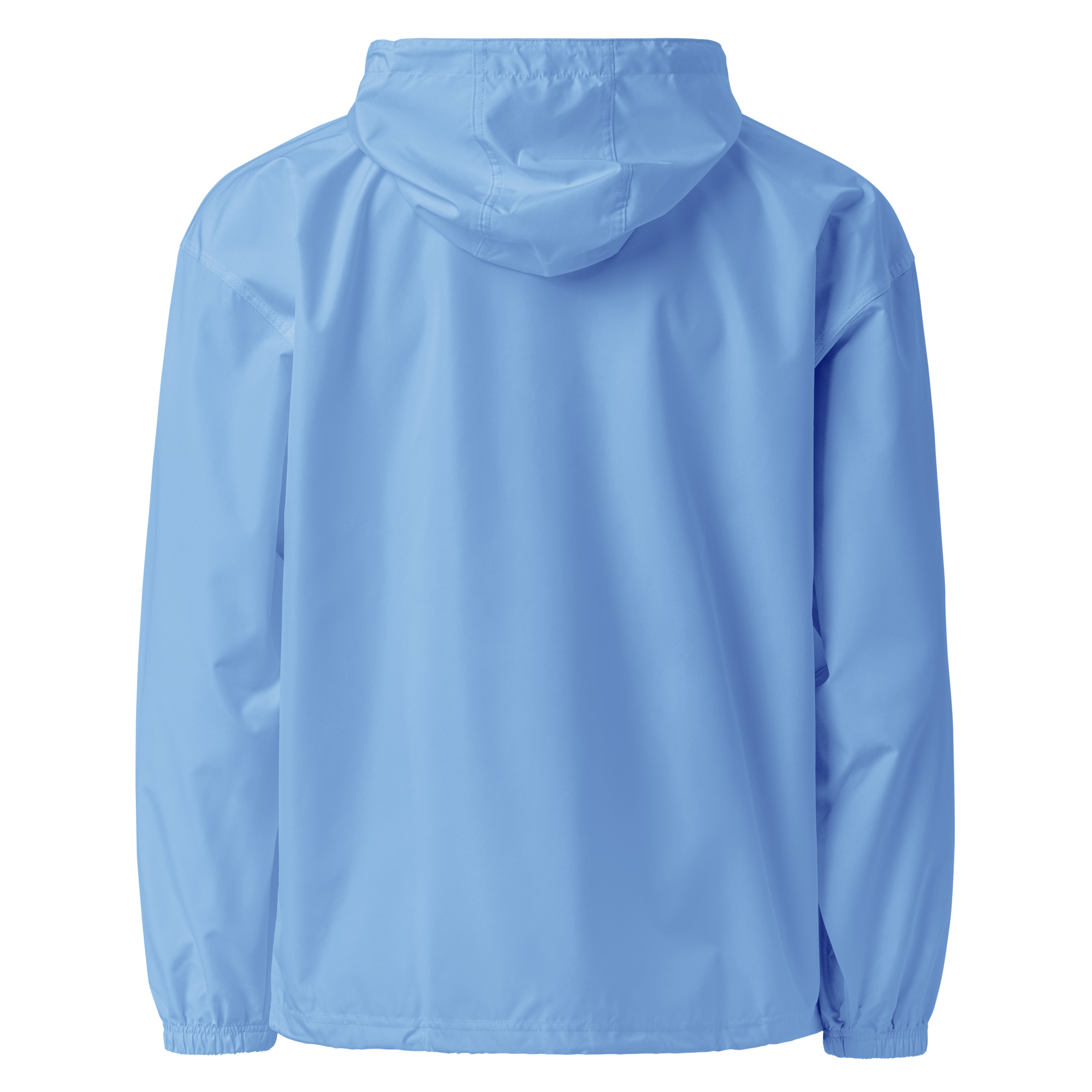 Back view of Champion packable jacket in light blue from Ukrainian Vibe Trizub Collection, featuring hood and durable polyester fabric.