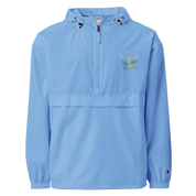 Women's embroidered blue Champion jacket from Ukrainian Vibe Trizub Collection with hood and kangaroo pocket.